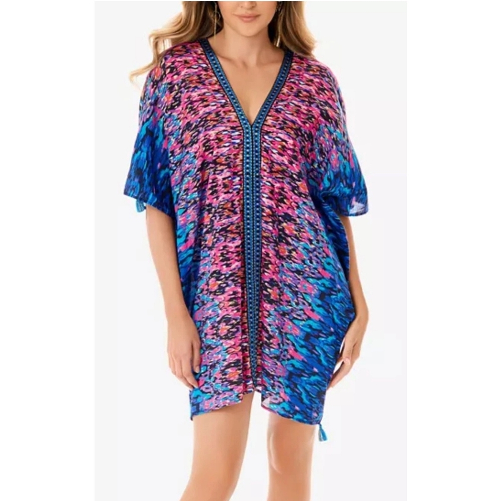 Miraclesuit Large Swim Cover-Up Tassels Embroidered Vesuvio Caftan Tunic Boho